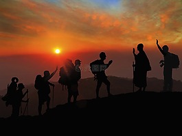 日落,徒步旅行,问候