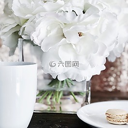 咖啡杯,白色的花,macaron