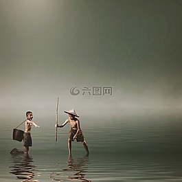 男孩,钓鱼,矛
