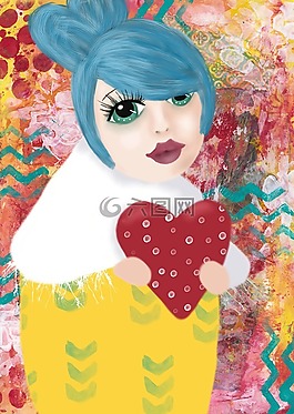 心,蓝色头发,女孩