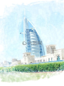 水彩,迪拜,burj al 阿拉伯