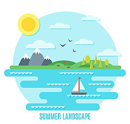 扁平化夏季海边风景矢量素材