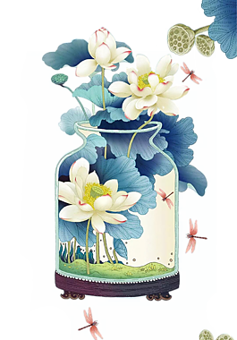 国画荷花瓶子素材
