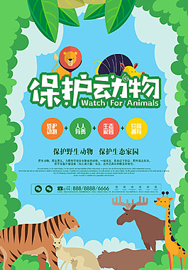卡通可爱保护动物公益海报免费可商用狮子,野生动物园,非洲免费可商用