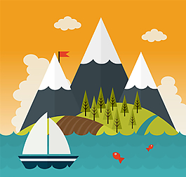 卡通大海和雪山风景矢量图图片