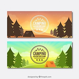 一天和日落景观与露营帐篷横幅