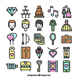 婚礼图标的彩色集合