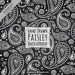 黑色的背景，白色花的佩斯利草图