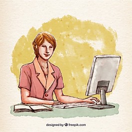 手工彩绘的女人在她的电脑上工作