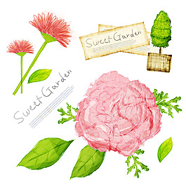 粉红色花朵与绿叶插画PSD分层素材