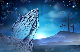 双手合十手势与十字架矢量素材