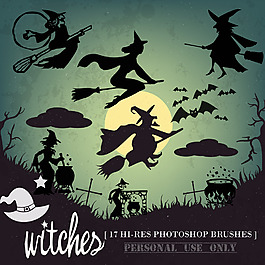 万圣节的女巫剪影图案Photoshop笔刷素材