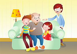 卡通家庭人物，客厅聊天