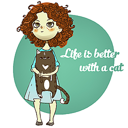 抱着猫咪的卡通女孩