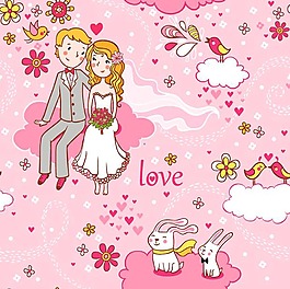 卡通新郎新娘和兔子背景矢量素材