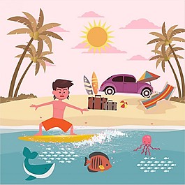 暑假在海上绘图和快乐的男人自由向量