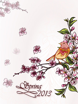 手绘桃花和小鸟