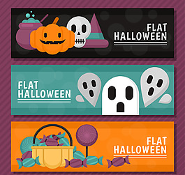 三个卡通元素万圣节横幅