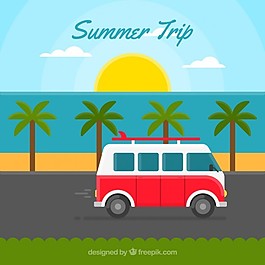 夏季旅行与一个老式的旅行车背景