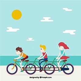 沙滩景观背景自行车上的朋友