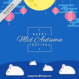 小兔子，中秋节的蓝色背景