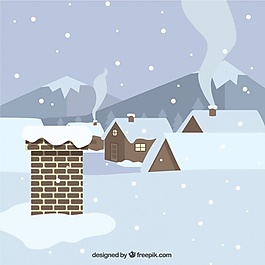 平面设计中的屋顶背景和房屋覆盖的雪