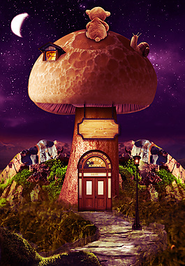 月亮上的蘑菇房子图片