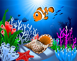 海底海螺和游鱼图片