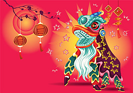 矢量插画中国传统舞狮节背景
