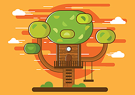 免费插画卡通树屋矢量图