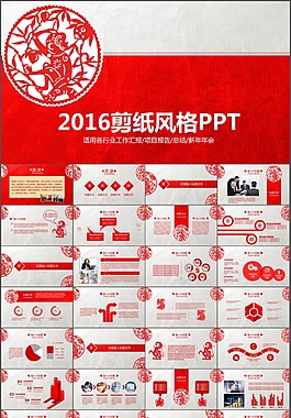 猴年剪纸大红动态ppt（可修改）