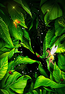 梦幻绿色雨林小精灵产品促销海报h5背景