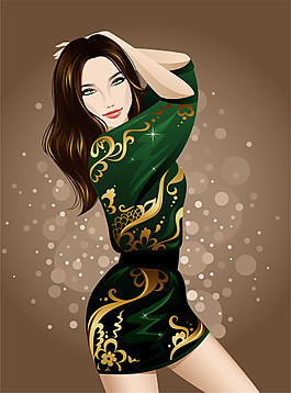 绿色花纹美女图片
