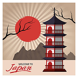 日本古典塔和太阳图片