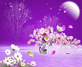 月亮花卉场景装饰画