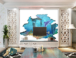 海洋馆3D画电视墙