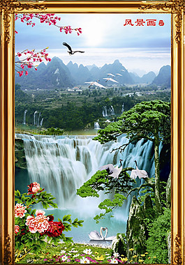 高山流水鲜花大树装饰画