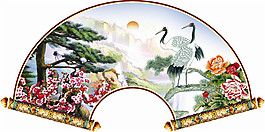 复古仙鹤扇形画轴装饰画