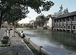 湖泊人行道景观图