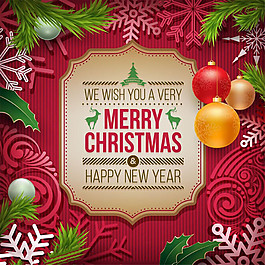 红色背景下的卡片与圣诞球图片