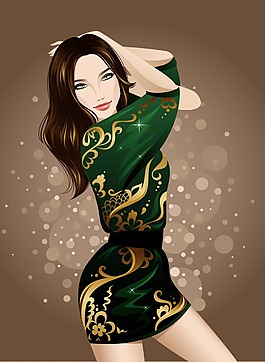 绿衣时尚女郎插画