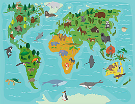 各种陆地和海洋野生动物世界地图