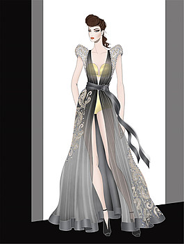 灰色开叉礼服设计图