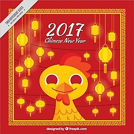 农历新年背景灯笼和微笑的小鸡
