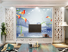 花卉蓝色背景墙