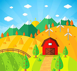 扁平化农场田地和小屋风景矢量素材
