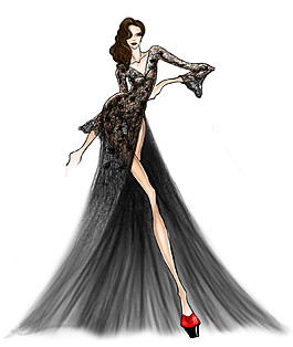 黑色开叉长裙设计图