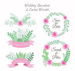 5款彩绘婚礼花环与标签矢量图