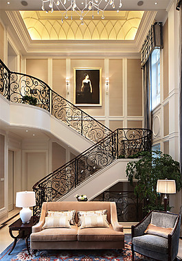 美式豪华客厅楼梯背景墙设计图
