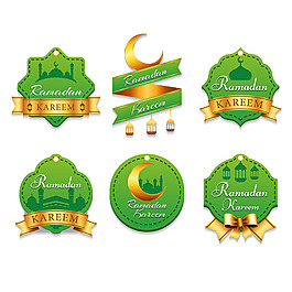 手绘绿色金色斋月贴纸图标矢量素材